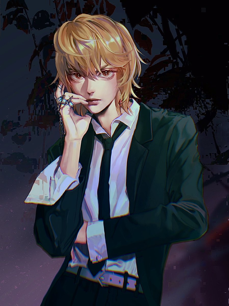 necktie solo jewelry blonde hair ring male focus 1boy  illustration images