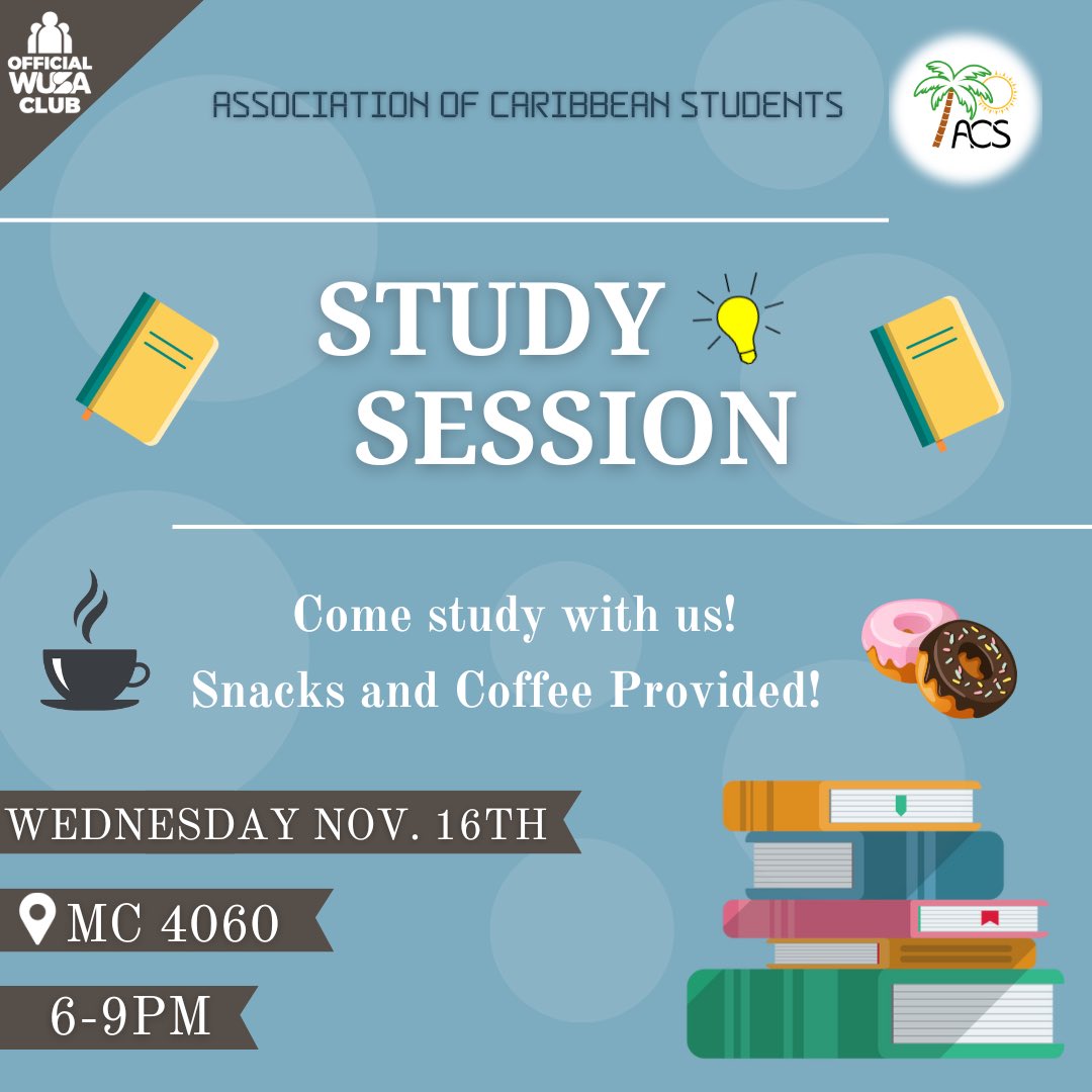 Come study with us in MC 4060 this Wednesday!😁

Everyone is invited so bring your friends!🤪

Free snacks, coffee &amp; hot chocolate!☕️
