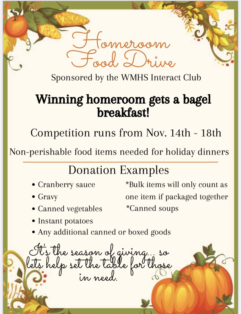Holiday Food Drive happening this week!! Our local food pantries need our help to stock their shelves for the upcoming holidays!! Bring in your donations and help to set the holiday table for those in need 💛🖤💛🖤<a href="/WMTHSPrincipal/">WMTHS Principal</a> @WestMilfordSupt <a href="/WMHSStudCo/">WMHS Student Council</a>
