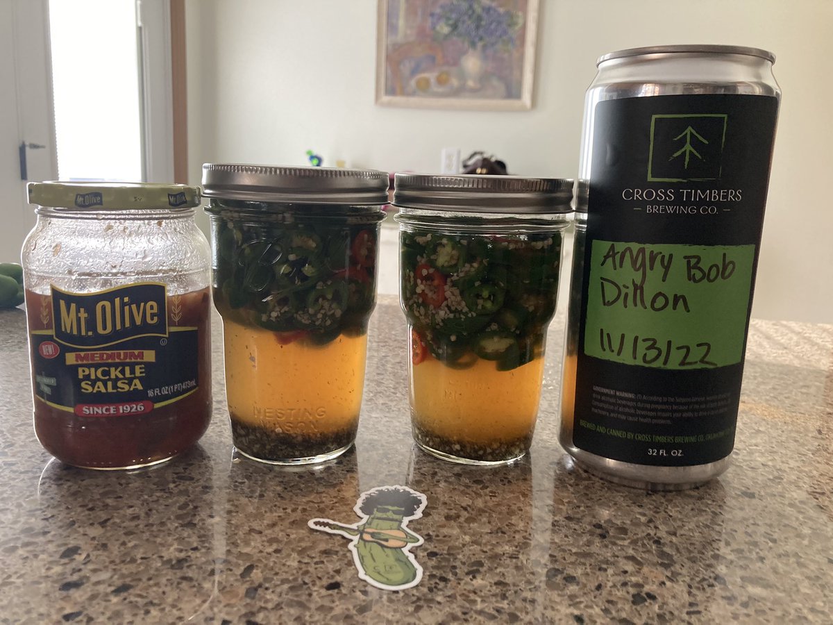 realvikingerik's tweet photo. Alright #PicklePunks. Got my fix this weekend. Bought pickle salsa, went to @CrossTimbersBC and had Imperial Angry Bob Dillin’ (pickle gose with jalapeño), brought home Angry Bob Dillin’, and made a brine to pickle home-grown jalapeños. Sticker, too! https://t.co/4NuQm9BRhA