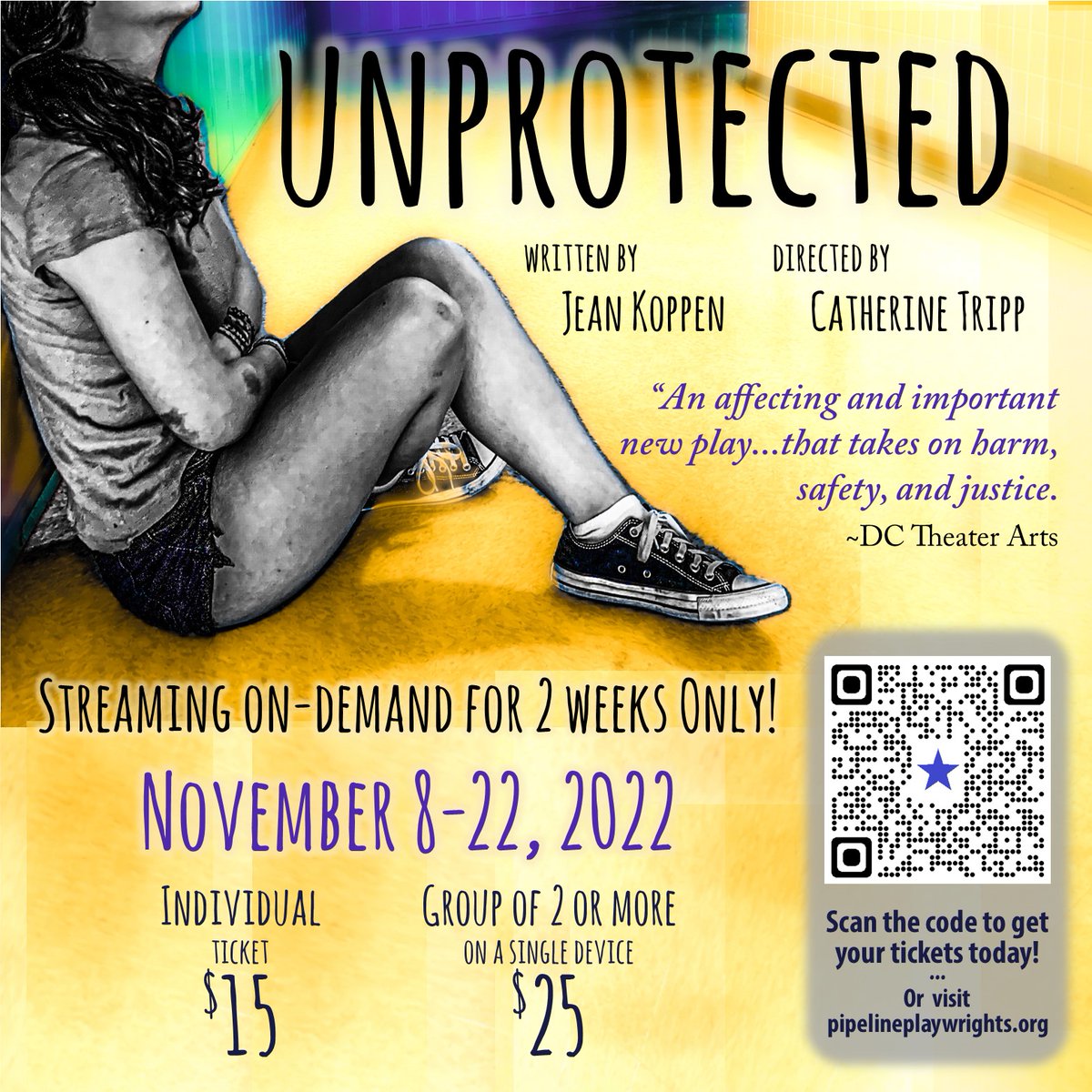 Now streaming! See 'Unprotected' from <a href="/PipelinePlays/">Pipeline Playwrights</a>, a piece DCTA calls "an affecting and important new play." A mother struggles to protect her daughter when a seemingly small incident among high school students exposes family secrets. Buy tickets now! onthestage.tickets/show/pipeline-…
