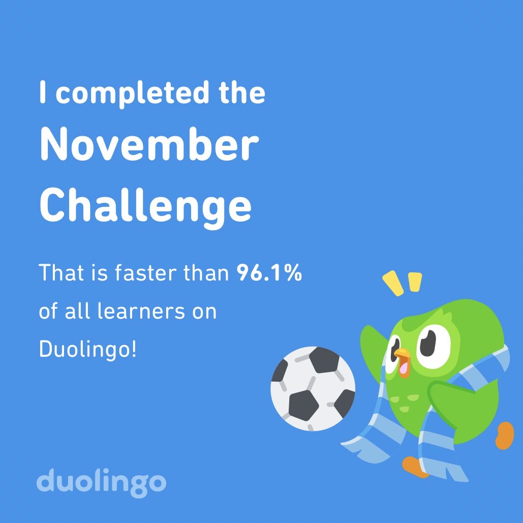 ellkay's tweet photo. I completed the November challenge faster than 96.1% of all learners on Duolingo! https://t.co/G6D5VKUccr