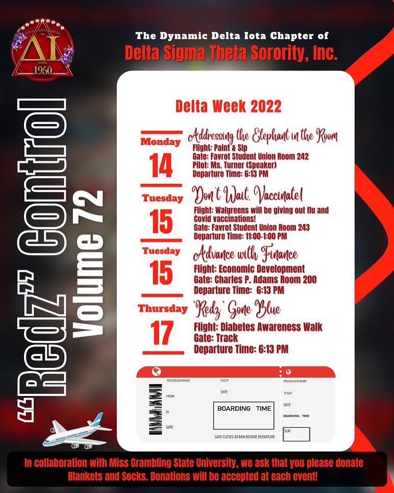 Are you ready to take flight? Join the Delta Iota Chapter of Delta Sigma Theta Sorority Inc. for Delta Week “Redz Control”✈️❤️