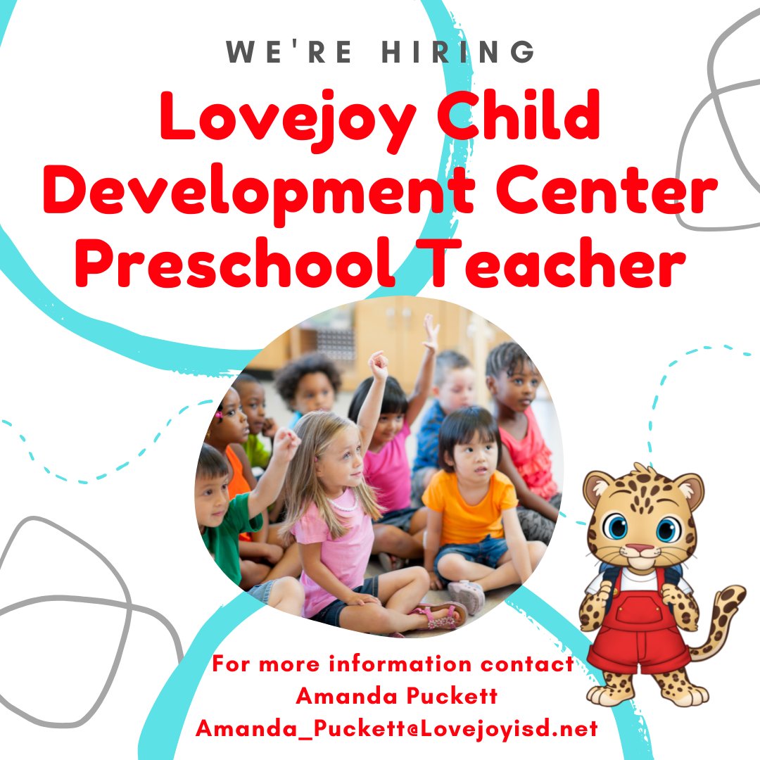 Our Lovejoy Child Development Center is looking for a full-time Preschool Teacher.  Please contact Amanda Puckett at Amanda_Puckett@Lovejoyisd.net or call 469.742.8000.  #TeamLovejoy  #KidsFirst #OneHeartOneLovejoy