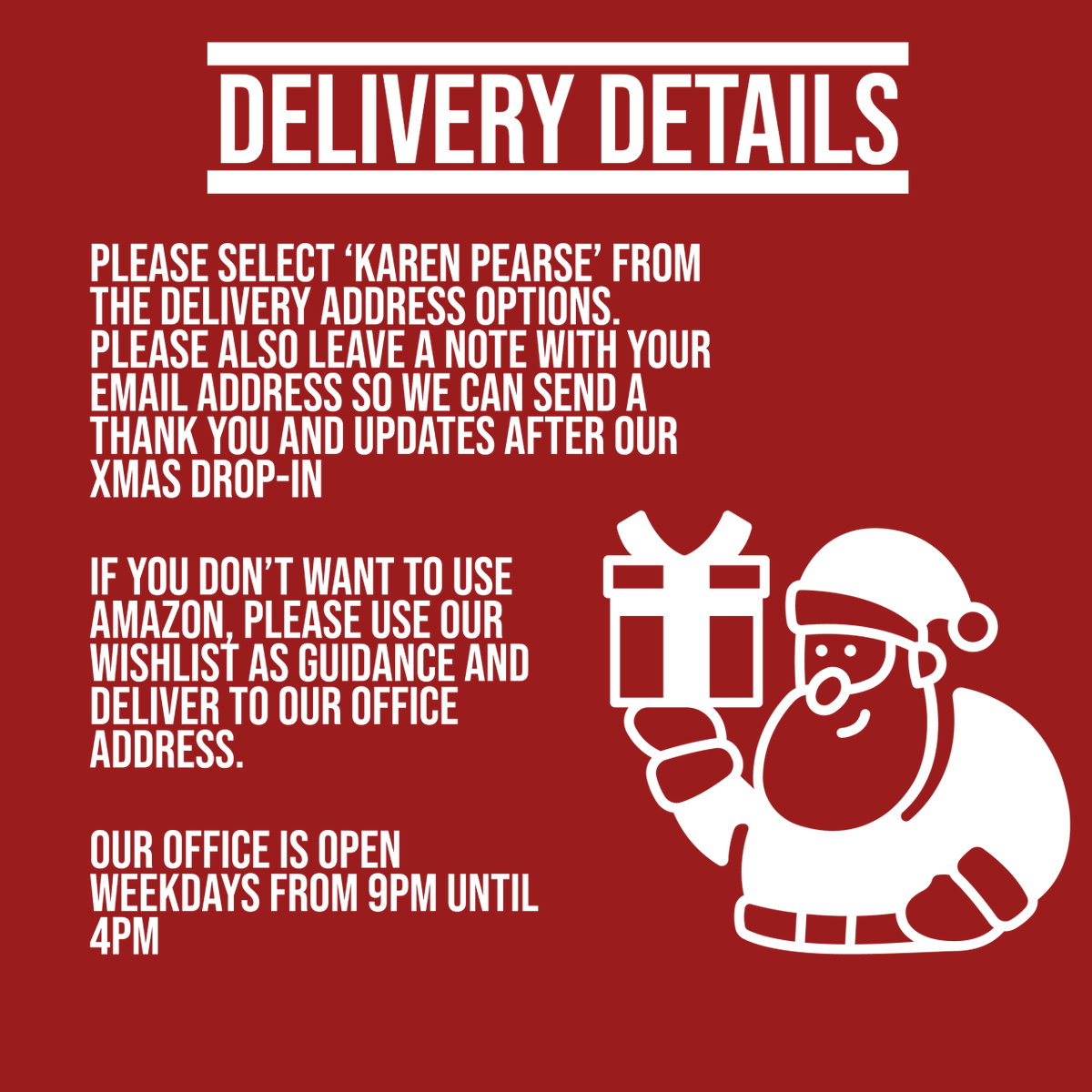 It's that time of year again and we really need your help!

Please support our Christmas presents appeal and help bring a bit of joy to our clients over the festive period. 

Please share far and wide!!