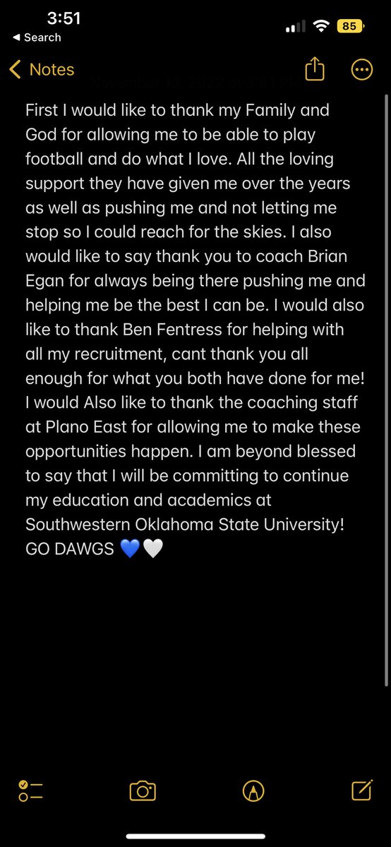 BrandonMcCary5's tweet photo. I am announcing my verbal commitment to SWOSU!!! 
GO DAWGS 💙🤍
@SWOSUAthletics @coach_lonardo @_CoachMay @BFentress @coachBrian_Egan @OneOnOneTX @OneOnOneKicking @PlanoEastFB https://t.co/GGEyoshHLY