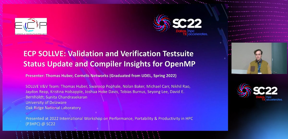 OpenMP ARB (@openmp_arb) on Twitter photo Thomas Huber is presenting at the P3HPC workshop of #SC22. He presents the Validation and Verification #OpenMP test suite ECP SOLVVE. Checking whether the compilers have well implemented OpenMP features!
More details at:
exascaleproject.org/research-proje…
<a href="/simonmcs/">Simon McIntosh-Smith</a> @sunitachandra29 Thomas Huber is presenting at the P3HPC workshop of #SC22. He presents the Validation and Verification #OpenMP test suite ECP SOLVVE. Checking whether the compilers have well implemented OpenMP features!
More details at:
exascaleproject.org/research-proje…
<a href="/simonmcs/">Simon McIntosh-Smith</a> @sunitachandra29