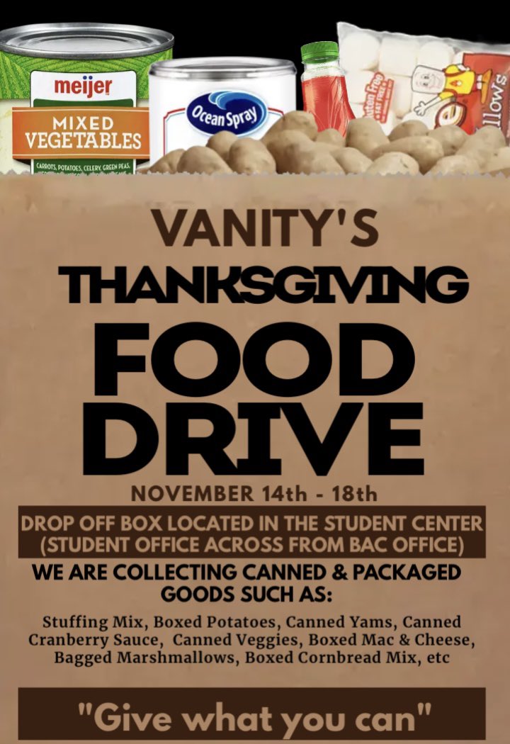 VFFM_SIUC_'s tweet photo. With Thanksgiving Being Around The Corner We Want To Do Our Part In Helping Feeding Families In Need! We Will Be Accepting Goods Starting On The 14th till the 18th In The Student Center (STUDENT OFFICE ACROSS FROM BAC) https://t.co/MOLzrhQPo1