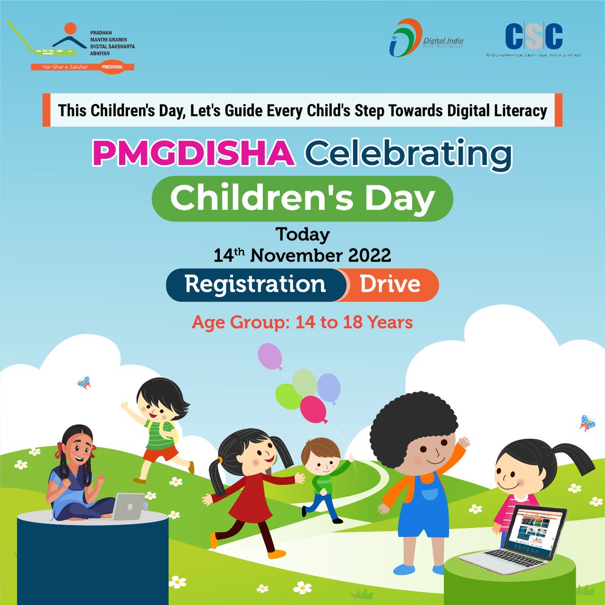 PMGDISHA's tweet photo. PMGDISHA Celebrating Children's Day- Today, 14th November 2022...

Organize Registration &amp; Certification Drive for Children between the Age Group of 14 to 18 years...

This #ChildrensDay, Let's Guide Every Child's Step Towards Digital Literacy...

#PMGDISHA #CSC #ChildrensDay2022 https://t.co/mXcPZa7fXR