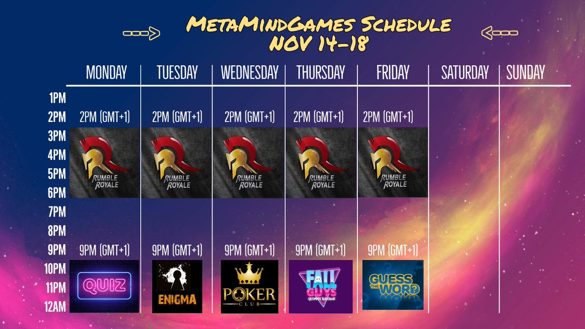 MetaMindGames's tweet image. And here is the program of the week! 🤩

#Crypto and #NFTs for each winner! 🤑

Do you want to play on our closed discord too? 🎮

Some early access to win :
1⃣ Follow @MetaMindGames 
2⃣ RT pinned and this post 🔄
3⃣ Tag your #gamers friends

#PlayToEarn #Web3Gaming #NFTProjects