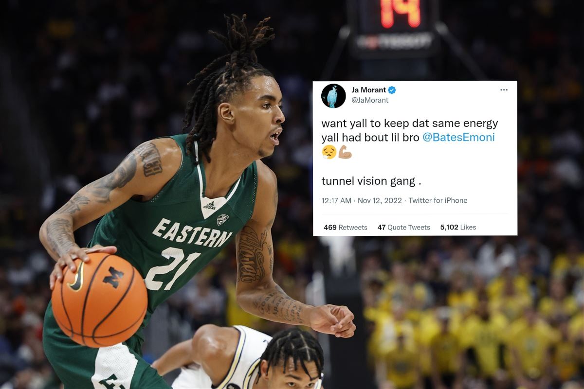 WoodlawnPost's tweet image. Memphis Grizzlies @JaMorant tweets his support to Eastern Michigan #EmoniBates following his career-high 30 point night against the No.22 ranked Michigan Wolverines on Friday night at LCA Arena in Detroit, MI.