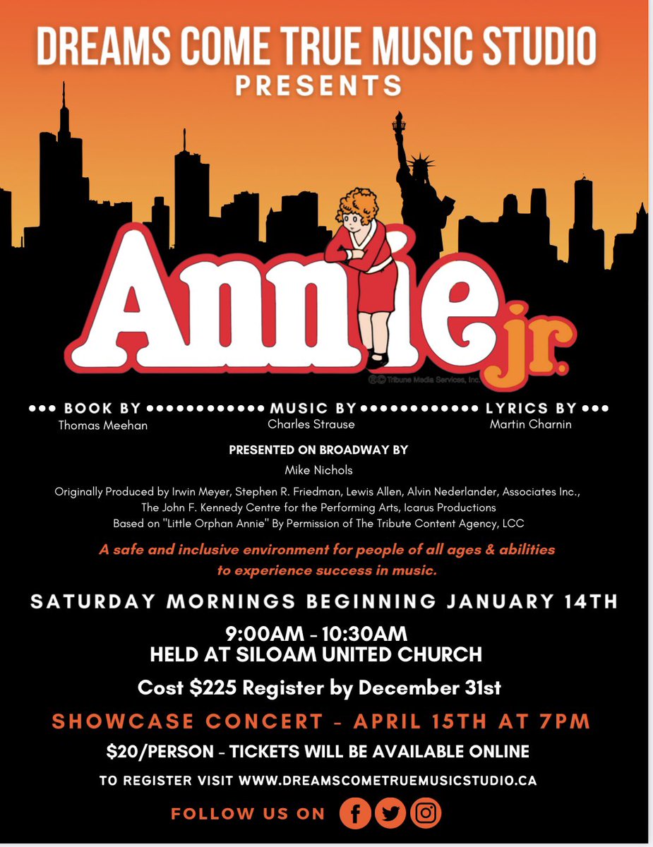 DCTMusicStudio's tweet photo. Exciting news! Dreams Come True Music Studio is thrilled to announce our next program…Annie jr.! Registration opens November 16 and closes December 31! Take a look at our exciting reveal. All welcome. Come join us! #inclusion #abilitiesfirst #singyoursong #tomorrowtomorrow https://t.co/tEzs7vlwEg