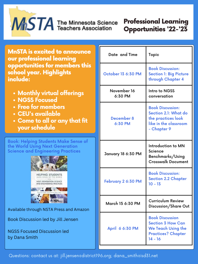 MnSTA members - join us Wednesday to talk NGSS as part of this year's book study/PD series on implementing the new MN standards! Check your email for the Zoom link.