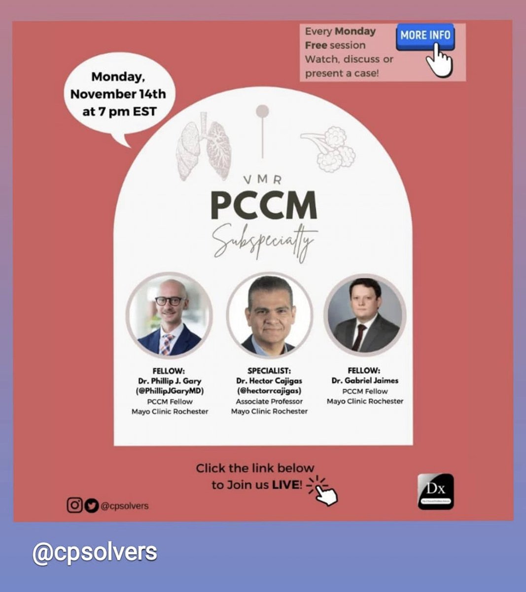 Join <a href="/hectorrcajigas/">Hector Cajigas</a> @PhillipJGaryMD <a href="/geortizj1/">Gabriel Ortiz Jaimes</a> for a #PCCM episode of the <a href="/CPSolvers/">The Clinical Problem Solvers</a> on 11/14 at 7 PM ET
