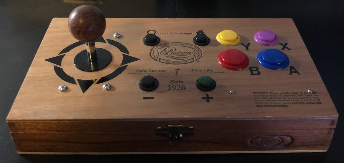 DaveHorlick's tweet photo. If anybody's still using this website, here's my new "Guardabarranco" Arcade-style game controller. The brass hinges in back are touch-sensitive shoulder "buttons"! Build details: https://t.co/zuHoLQsIv7 https://t.co/BPRqDIuvyI