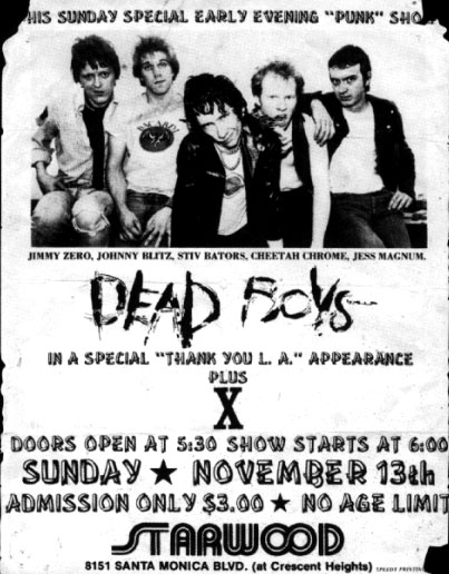 deathrockdotcom's tweet image. Today in 1977: Dead Boys with X @ Starwood, Los Angeles, CA #vintagepunkflyers #deadboys #stivbators #xtheband