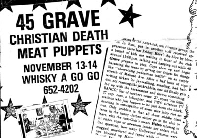 deathrockdotcom's tweet photo. Today in 1981: 45 Grave, Christian Death, MeatPuppets @ Whiskey A-Go-Go, Los Angeles, CA #deathrock #45grave #christiandeath #vintagepunkflyers #gothicrock #rozzwilliams https://t.co/AOikzBd3a5
