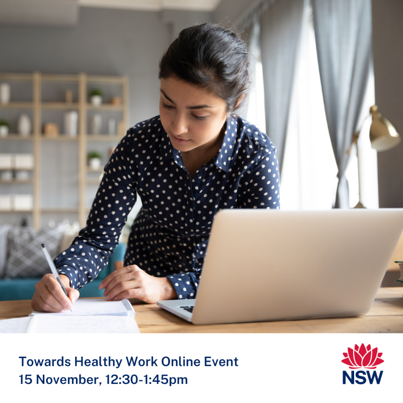 SafeWork_NSW's tweet photo. Don’t miss the Towards Healthy Work online event tomorrow from 12:30-1:45pm.

Tune in to hear from Sharon Parker, an expert on ways to improve health and productivity and how to implement strategies to ensure your workplace is physically and psychologically safe. 

#SafeWorkNSW