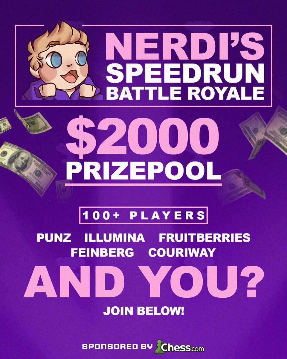 nerdi_tv's tweet photo. ANNOUNCING MY MOST AMBITIOUS PROJECT YET: A 100+ Minecraft Speedrunner Battle Royale!

YOU can be in my next YouTube video, &amp; play against top speedrun streamers! 

$2000 prize pool provided by @chesscom :D 

November 19th, 12:00 PM PST, 3:00PM EST, 8:00PM UTC https://t.co/0kghy3GuQP