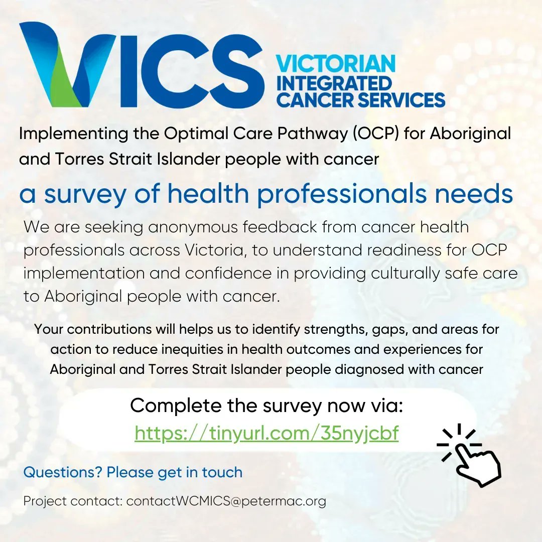 📢 LAST CHANCE: Calling all cancer health professionals across Victoria!  Have your say to help reduce inequities for #Aboriginal and Torres Strait Islander people diagnosed with #cancer
✏️Complete the survey now: tinyurl.com/35nyjcbf