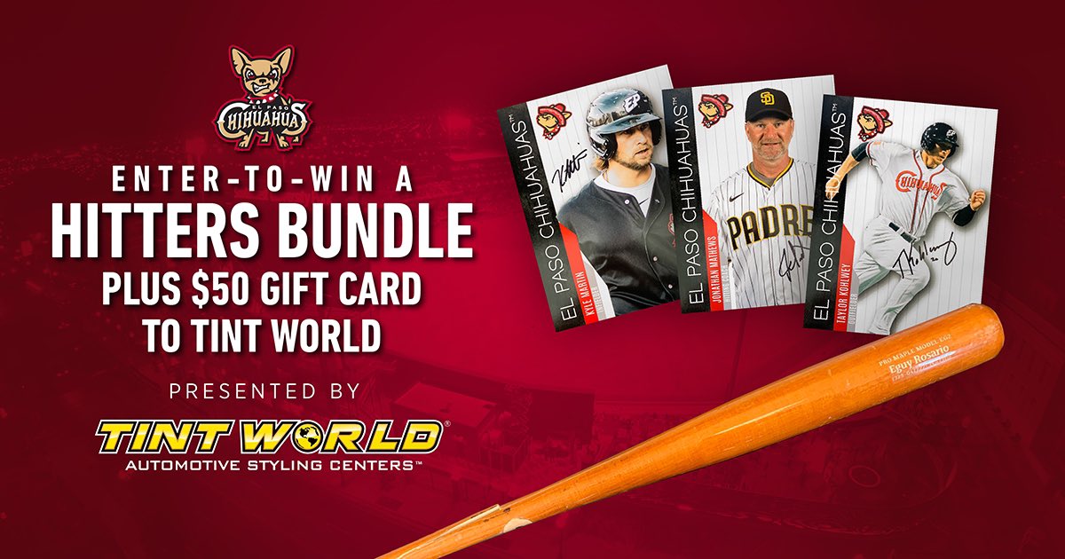 epchihuahuas's tweet photo. Enter to win a Hitters Bundle (Kyle Martin, Taylor Kohlwey, and Hitting Coach Jonathan Matthews signed 8"x11" cards and game-used Eguy Rosario bat) AND $50 gift card to Tint World!

Enter: https://t.co/eC9mqX4tbE https://t.co/OQaiMzARdL