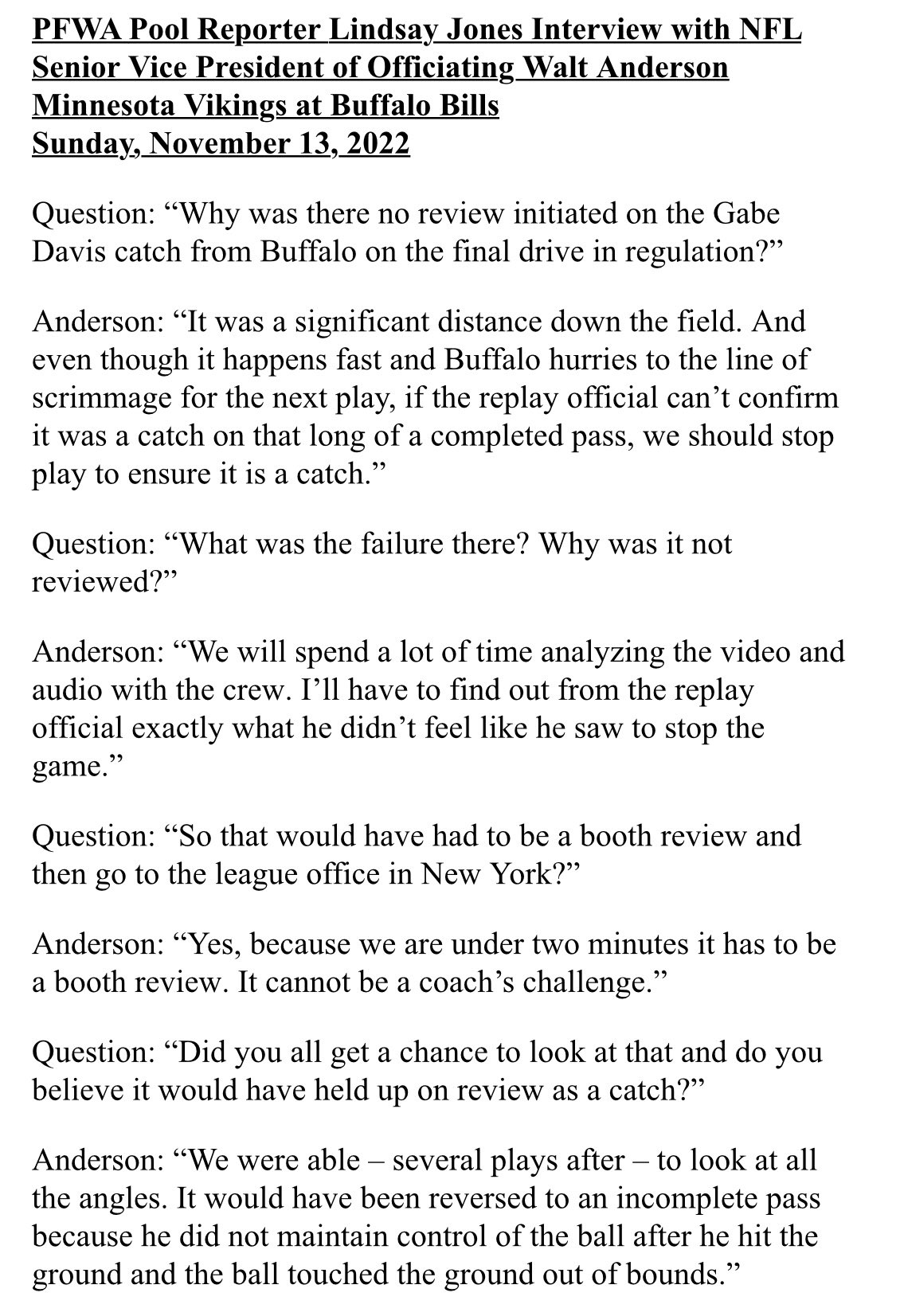 Tom Pelissero on X: 'NFL Senior VP of Officiating Walt Anderson told pool  reporter @bylindsayhjones that #Bills WR Gabe Davis' catch late in  regulation would've been reversed to an incompletion if the