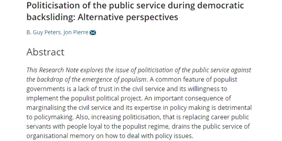 AusJPA's tweet photo. 🚨 Important #OpenAccess read! 🚨

B. Guy Peters and @JonPierre2's Research Note argues that both liberal and populist governments have politicised civil services.

However, populists tend to aim to undermine democratic rules and rights. 

Read more: https://t.co/7Ek0xR5ae1 https://t.co/bJEmgXPrIB