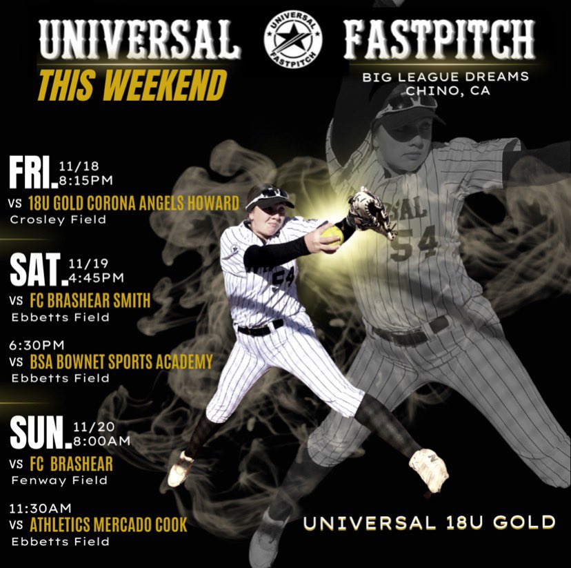 Final tournament of the season, Come check us out!! Lets finish strong ladies! <a href="/UCGoldQuiles/">18U Universal Gold - Quiles</a> <a href="/ufp_theu/">Universal Fastpitch</a> <a href="/CalPolySoftball/">Cal Poly Softball</a> <a href="/BrieGalicinao/">Brie Galicinao</a> <a href="/gvecchio_gina/">gpup</a>