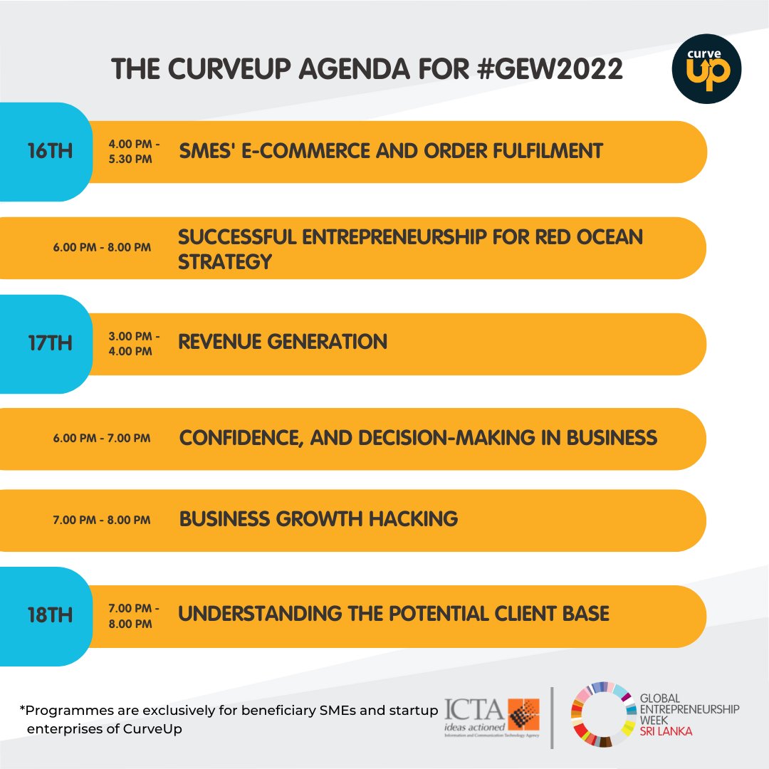 Are you ready for #GEW2022? Here’s the CurveUp agenda for #GlobaLEntrepreneurshipWeek, from 14th to 20th November 2022.

*Please note that the programmes mentioned in the agenda are exclusively for beneficiary SMEs and startup enterprises of CurveUp