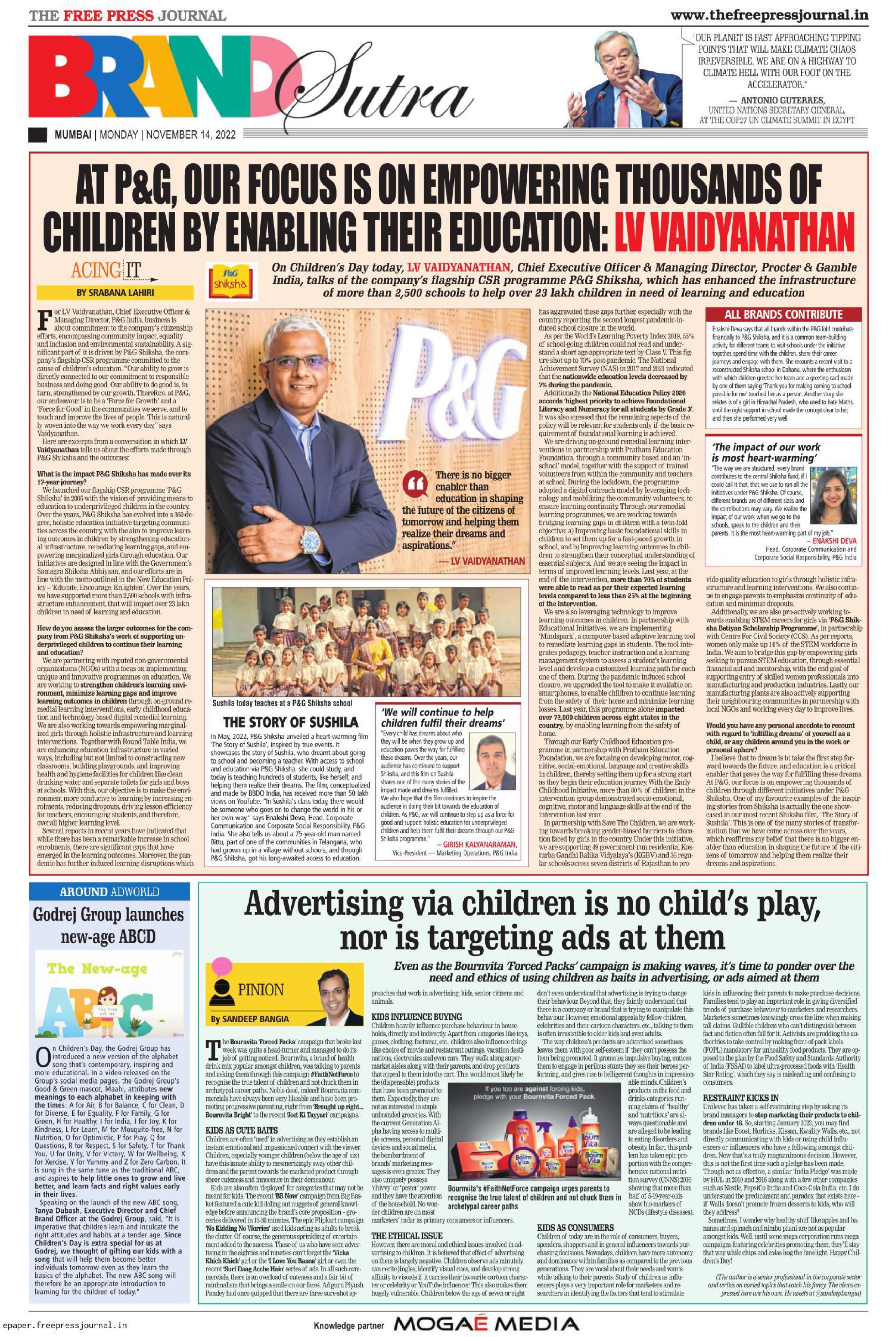 At P&G, our focus is on empowering children by enabling their education: LV  Vaidyanathan