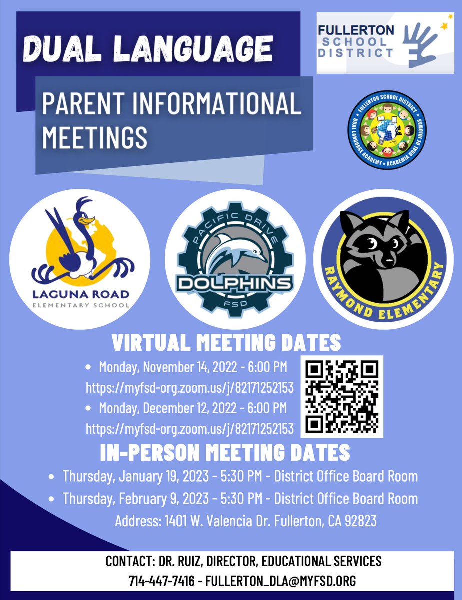 LagunaRoad's tweet photo. If you are interested in dual language for the 23-24 school year, join one of the informational Zooms or in person meetings! https://t.co/Mxa2nizoaV