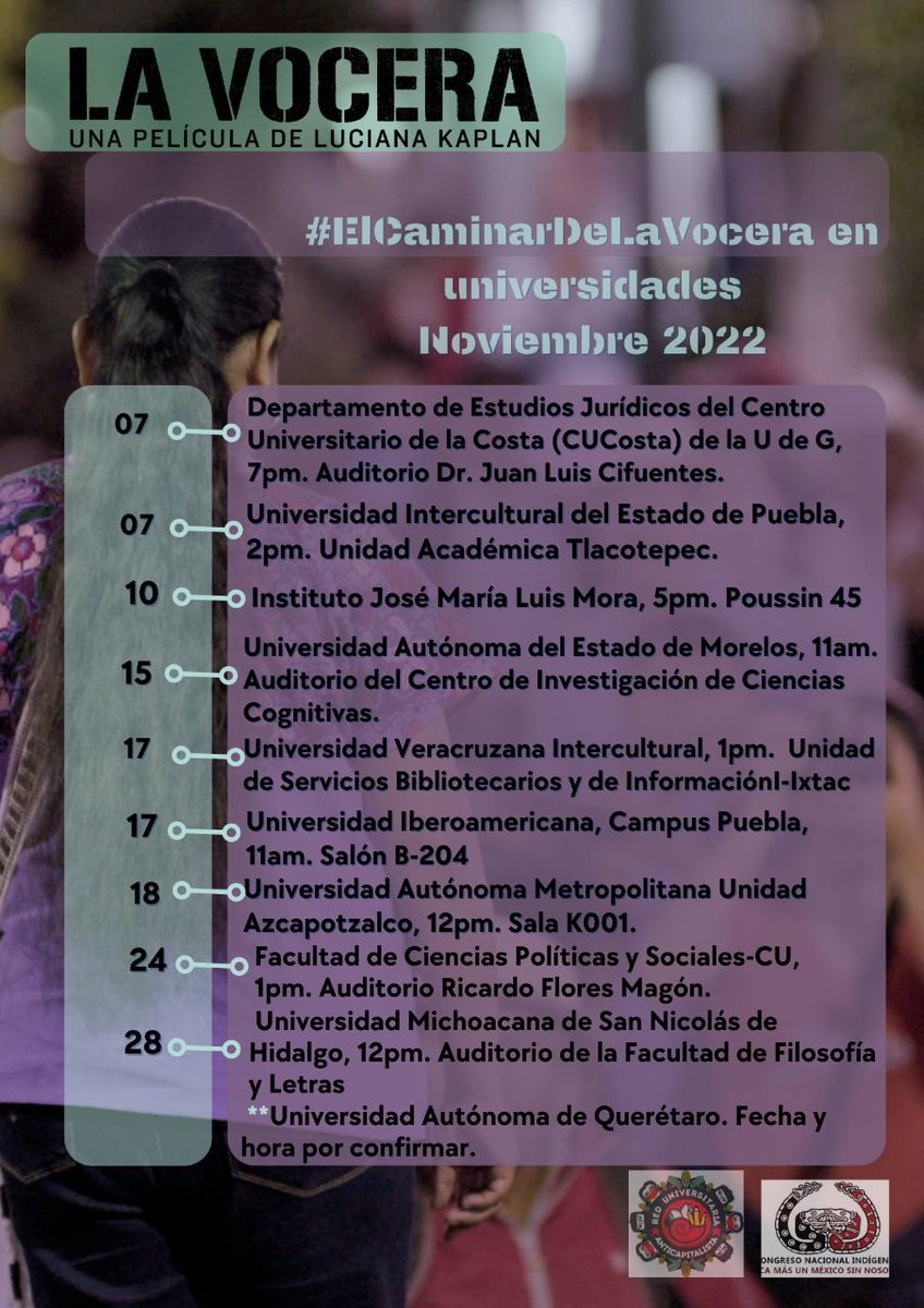 #LaVocera en el #CaminardeLaVocera en las Universidades #FaltaLoQueFalta
De la mano del <a href="/CNI_Mexico/">CNI México</a> y la <a href="/rua_mx/">Red Universitaria Anticapitalista</a> se presenta el documental en diversos territorios #OtroCineEsPosible