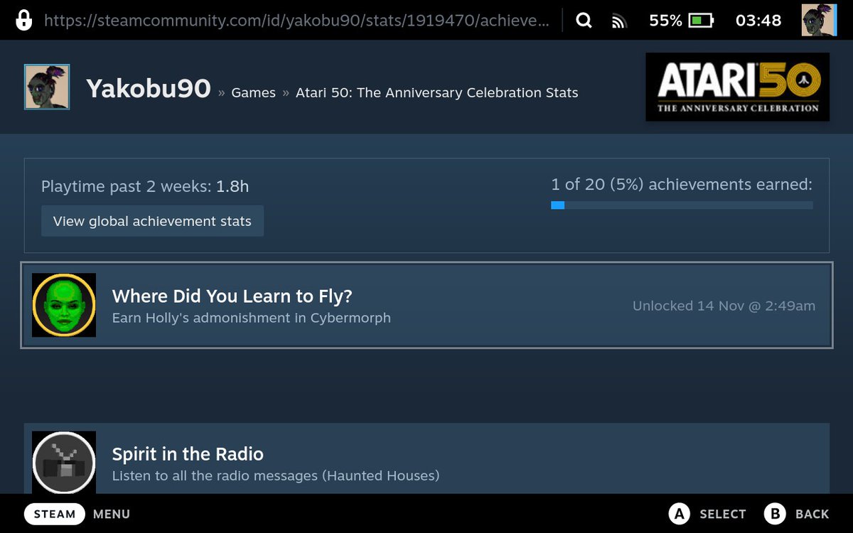 Yakobu90's tweet photo. Well I bought Atari 50 and unlocked an achievement #RETROGAMING #Retro #gamer #Atari50 #Atari #Atari50TheAnniversaryCelebration #atarijaguar #Jaguar #cybermorph #wheredidyoulearntofly #SteamDeck #steam #dothemath #64bit https://t.co/PlTHkxCD21