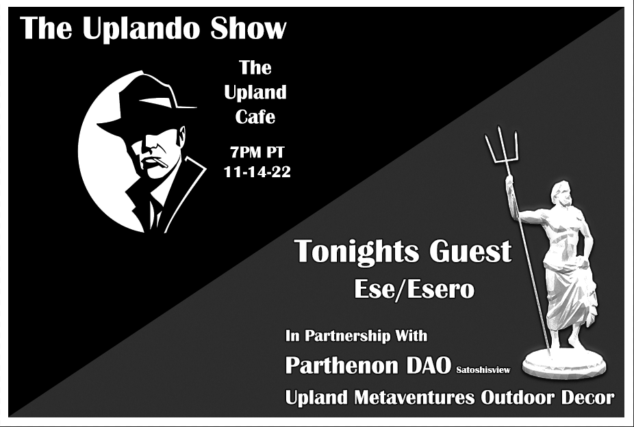 therealuplando's tweet photo. LIVE TONIGHT! on #TheUplandoShow My Special Guest Ese/Esero "The Big Moose" First Distributor of Outdoor Decor in #Upland!  In Partnership with @satoshisview #Metaventures Business Owner.
WIN A Piece of Decor 👉 https://t.co/CncmAtWM5I #Upland #NFTDecor #Uplando #theuplandcafe https://t.co/nI3T4yUipN