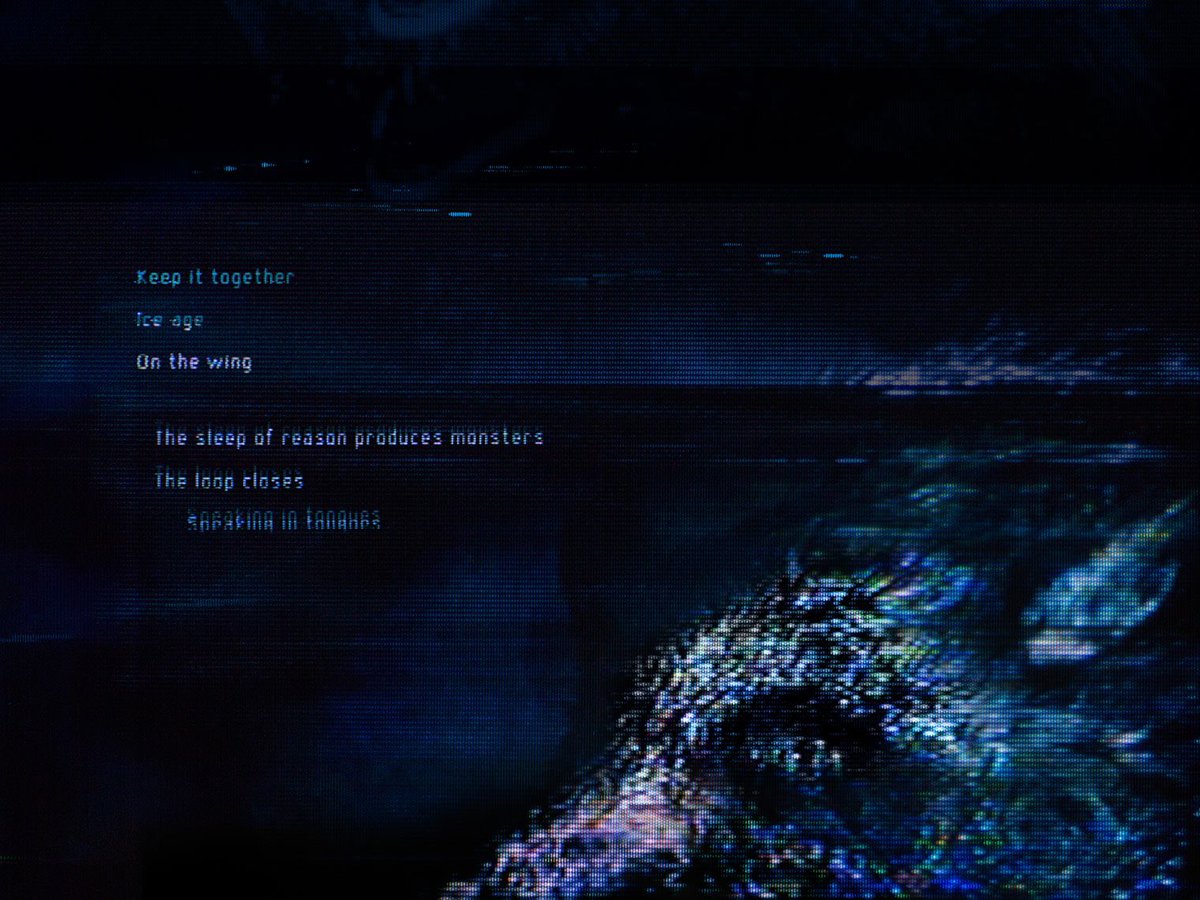 Front/back cover art for <a href="/destroyangels/">HTDA</a> An Omen EP, released 10 years ago today. My first published art using the custom analog VHS/CRT glitch art technique I invented while searching for a new aesthetic for this ominous sci-fi “Welcome Oblivion” era of HTDA.