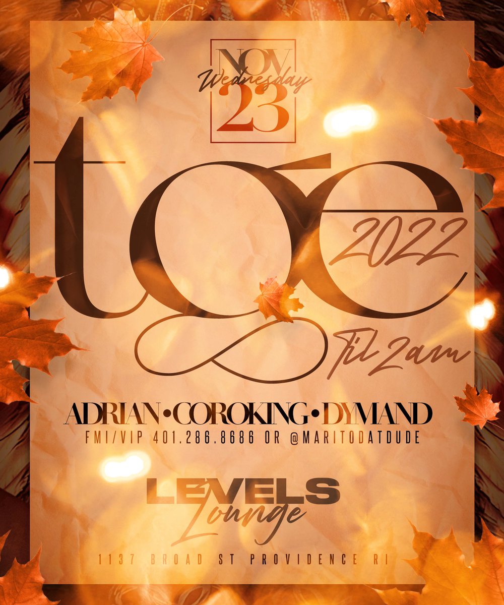 DreamTeamRI's tweet photo. The Biggest Party Day Of The Year
Thanksgiving Eve Till 2am
Wednesday November 23rd
At @levelsloungeri
@djadrian__ β’ @djcoroking β’ @djdymand
For info or vip 401.286.8686 or contact @maritodatdude
#tge22 #dreamteamri #thanksgivingeve #LevelsLounge #tge #providence https://t.co/Ltyi6eh1Sj