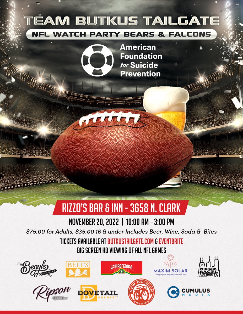 ChrisComes's tweet photo. Tickets are available for this great event next Sunday benefitting @AFSPIL.  Former NFL Bears players and Chicago Blackhawks players will be there.  Listen live to @WLSAM890 tomorrow at 8:30 am with @MattButkus. https://t.co/ydUJGdDGI5
