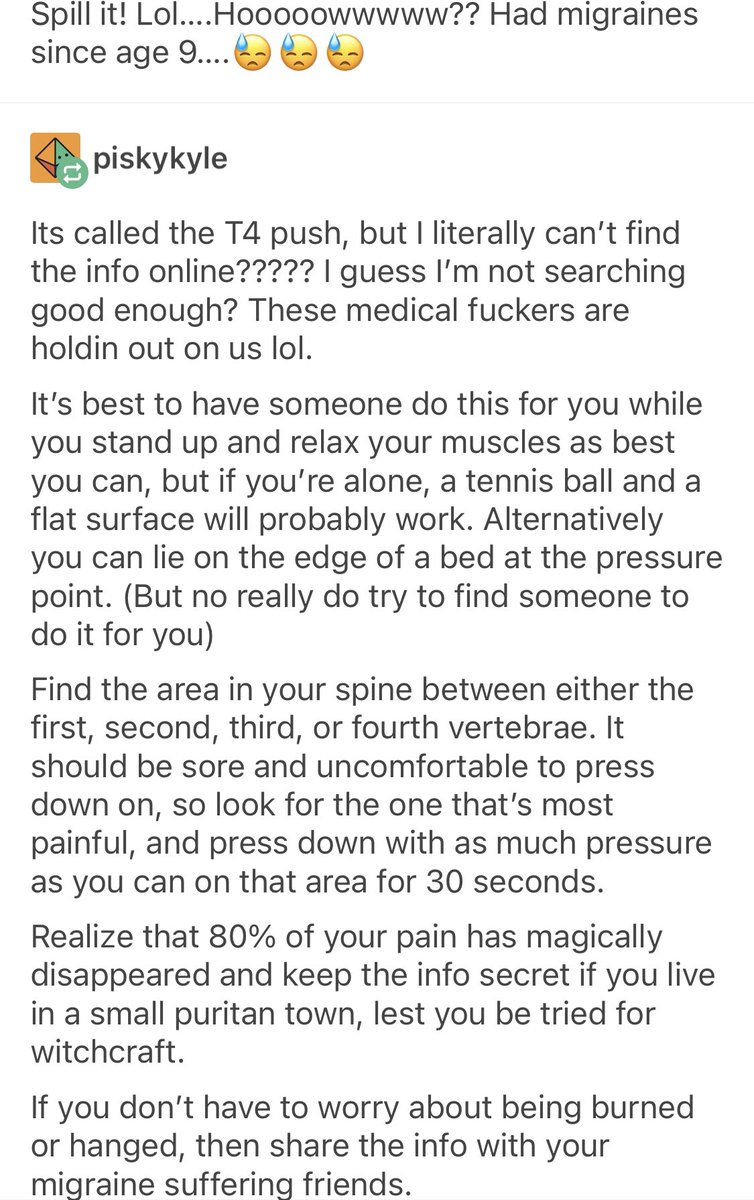 MadsBrown5's tweet photo. @_CassandraCarr @TessaDare I personally can’t attest to the effectiveness of this since I don’t get migraines but saw this tumblr post years ago and saved it just in case - hopefully it offers your daughter some relief! (sorry abt the language) https://t.co/ta9hsPw3jw
