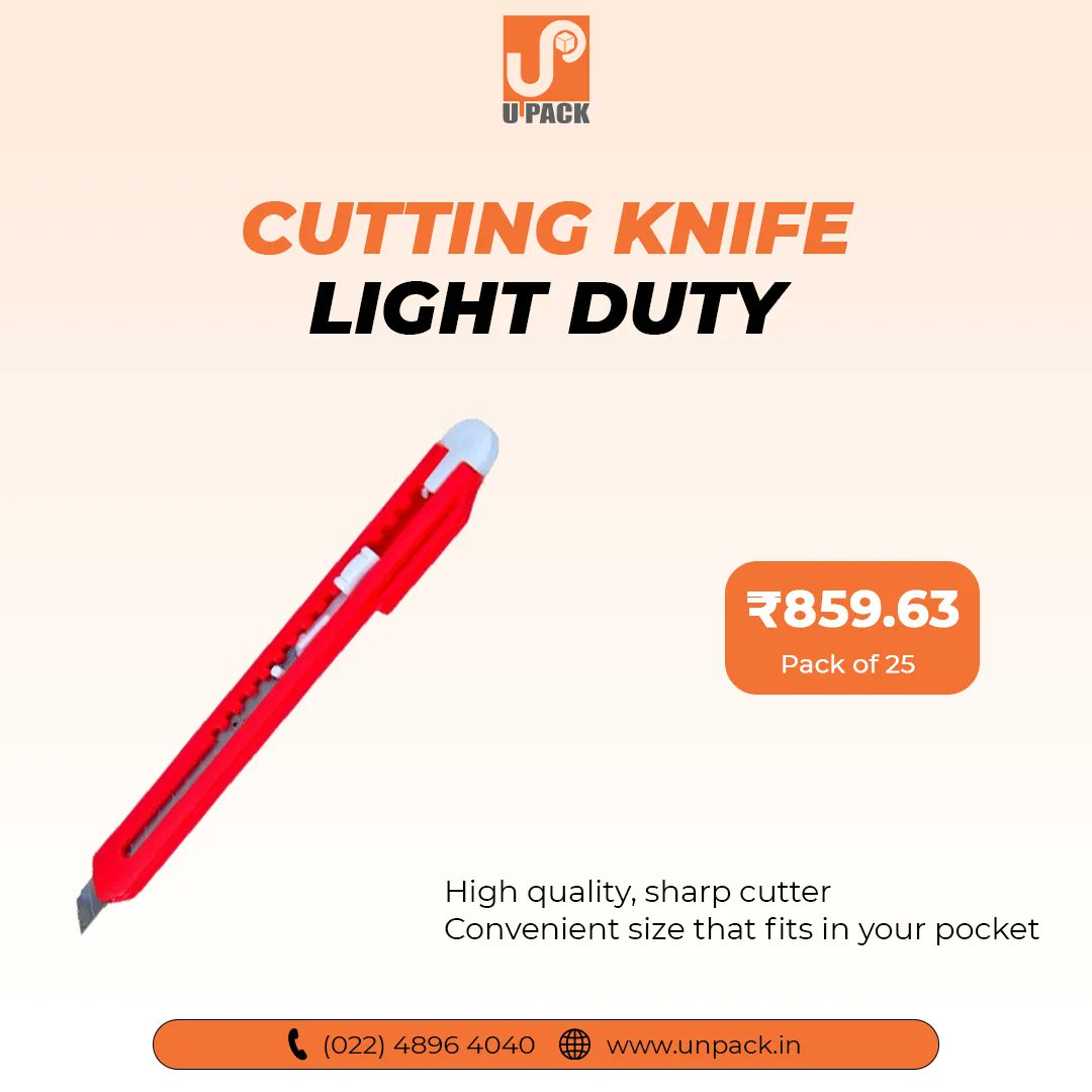 Upack_'s tweet image. Cutting Knife Light Duty 
✧ Convenient size that fits in your pocket.
✧ High quality, sharp cutter
✧ Disposable blade head. Easy-release button. 

#upack #recyclablebox #packaging #packagingdesign #branding #design #graphicdesign #box #printing #paperbag #packagingideas