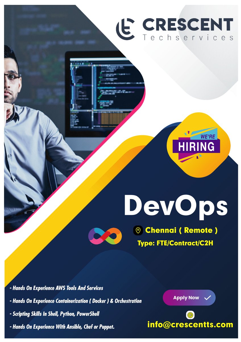 Crescent_Tech_'s tweet image. We&apos;re Hiring For DevOps
📌 Chennai ( REMOTE )
Type: FTE/Contract/C2H
Apply Now
👇
@info@crescentts.com