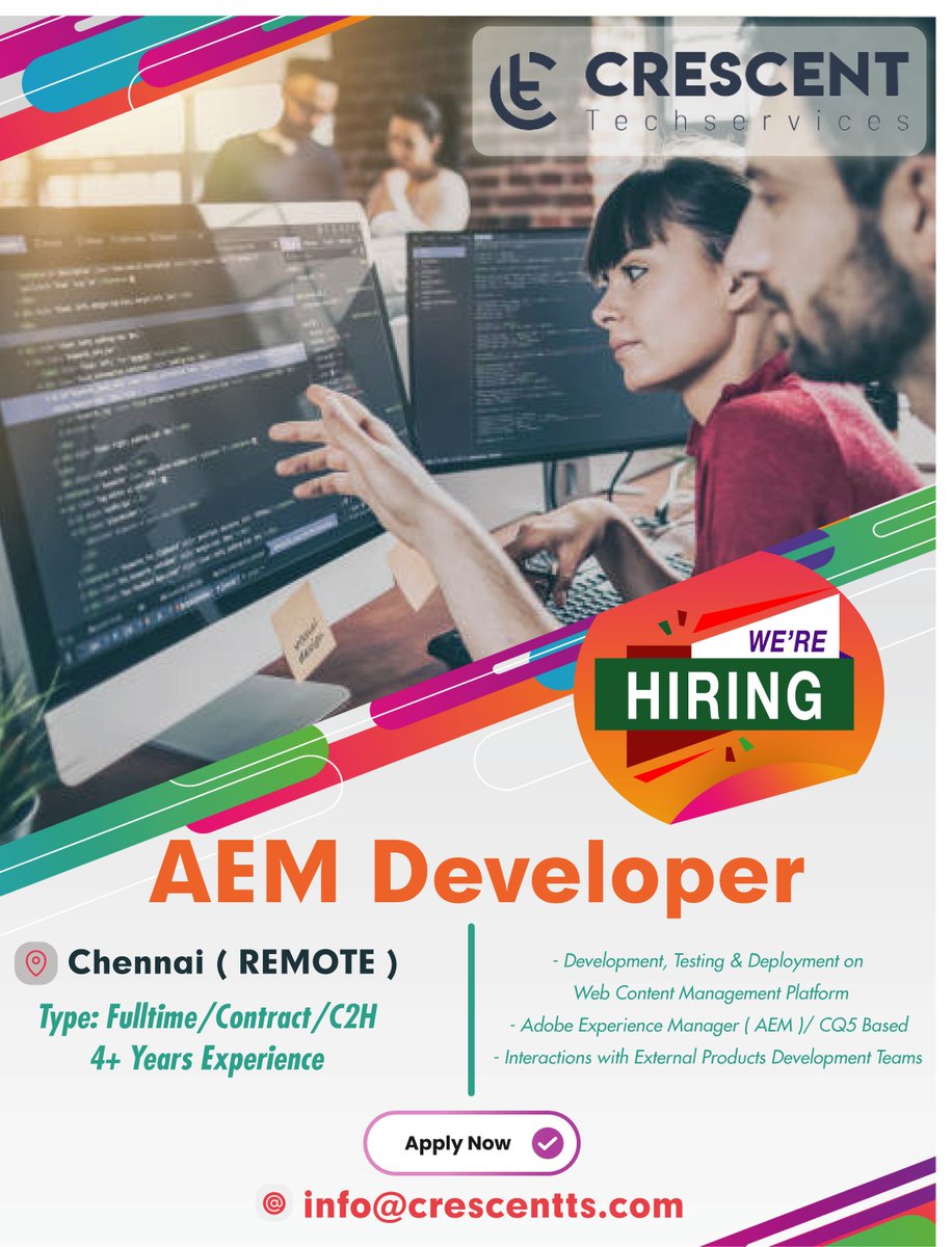 Crescent_Tech_'s tweet image. We&apos;re Hiring For AEM Developer
📌Type: Fulltime/Contract/C2H
4+ Years Experience
Apply Now
👇
@info@crescentts.com