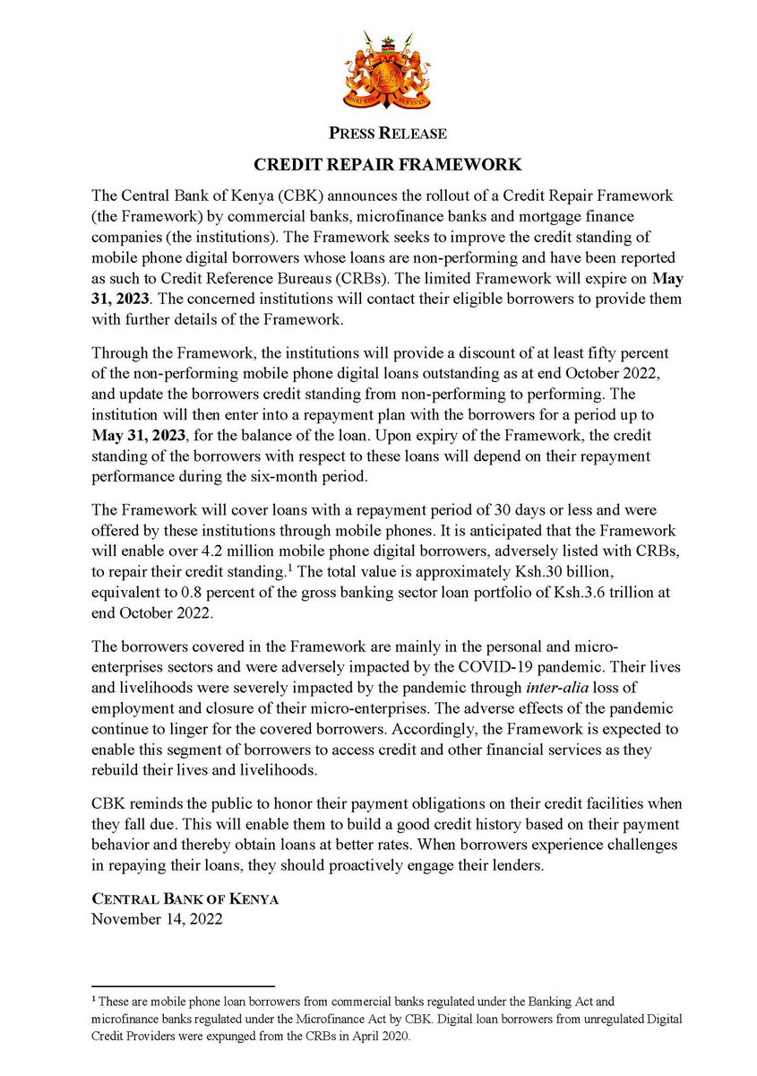 CBKKenya's tweet photo. Press release: Credit Repair Framework https://t.co/Ay9eZVisyP