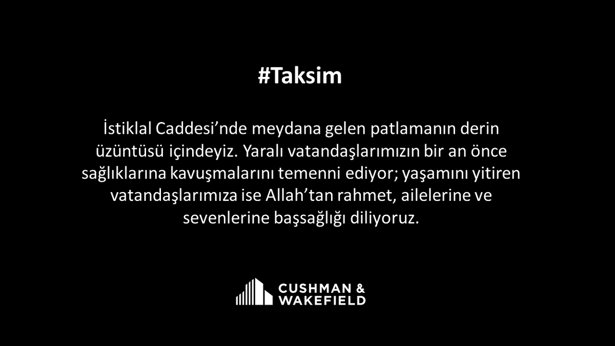 İstiklal Caddesi'nde meydana gelen patlamada hayatını kaybeden vatandaşlarımıza Allah'tan rahmet, yaralılara acil şifalar diliyoruz. #Taksim

Our sincerest condolences to those who lost relatives in the explosion in #Taksim, and wish quick recovery to the injured.