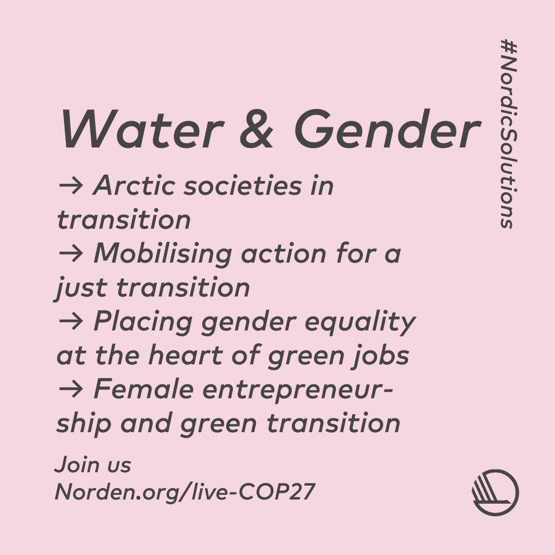 Women are more vulnerable to climate change - they represent the majority in poverty and are more dependent on threatened natural resources. Today's theme at the #COP27 Nordic Pavilion is Water & Gender! LIVE from⏰09.30 EET: norden.org/live-cop27 #NordicSolutions @NEF_Oslo