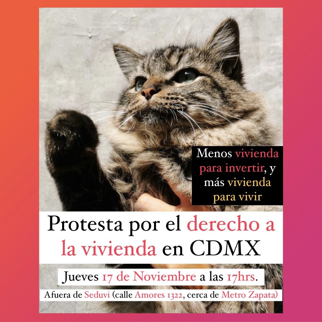 GatitosVsDesig's tweet image. Miau ¡Protesta por el derecho a la vivienda en CDMX!

Este Jueves 17 de Noviembre a las 17hrs.

La concentración será afuera de Seduvi (calle Amores 1322, cerca de Metro Zapata).

¿Por qué protestamos?🧵🧵🧵