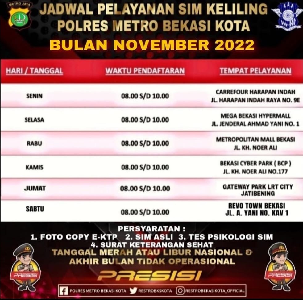 SonoraFM92's tweet photo. 07.30 #InfoSonora
Jadwal Pelayanan SIM Keliling #Simling Polres Metro Bekasi Kota Bulan November 2022.
Via @restrobkskota https://t.co/Z2RITKY3DP