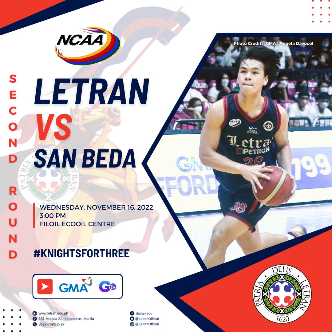 LetranOfficial's tweet photo. IT'S PAYBACK TIME
Our Letran Knights face our rivals, the San Beda Red Lions, this Wednesday, November 16, 2022, at 3:00 PM.
Tickets are still available at the Finance Office.
Wear blue and see you there!
#KnightsForThree
#LetranForThree
#NCAASeason98 https://t.co/6F6qRLGsEk