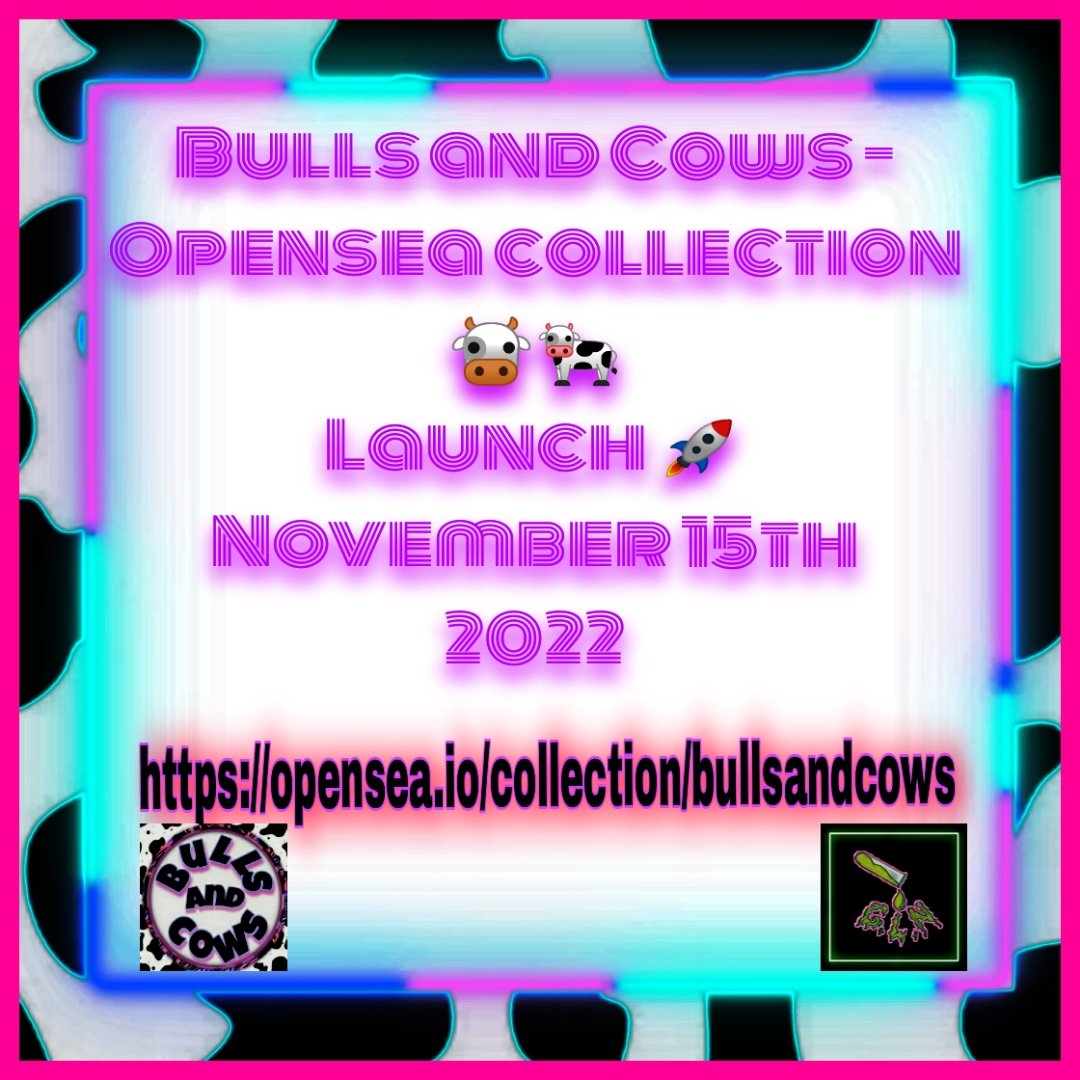 Bulls and Cows - Opensea collection 🐮🐄 collection launch on November 15, 2022 opensea.io/collection/bul…
Hand-drawn nfts.
<a href="/opensea/">OpenSea</a> 
#NFTs #NFTCommumity #NFTcollections #nftart #nft #OpenSeaNFT #NFT