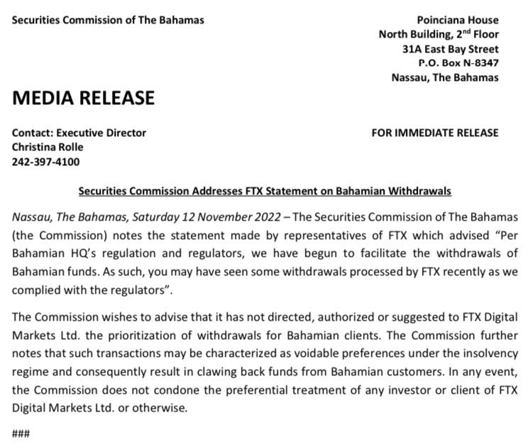 #FTX faked an order from the Bahama regulators so they could withdraw crypto while everything was paused. Bahama regulator then issued an official statement saying FTX was lying. 💀
