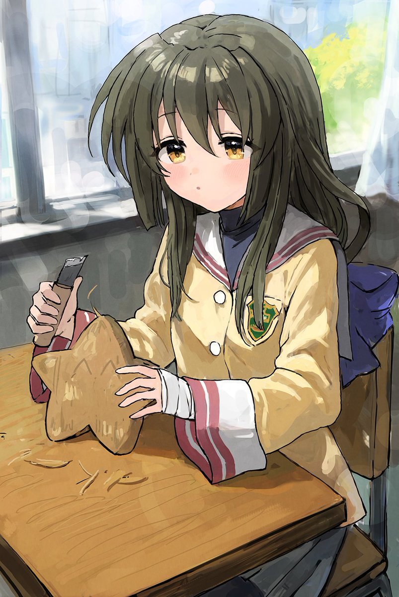 1girl solo hikarizaka private high school uniform school uniform long hair desk sitting  illustration images